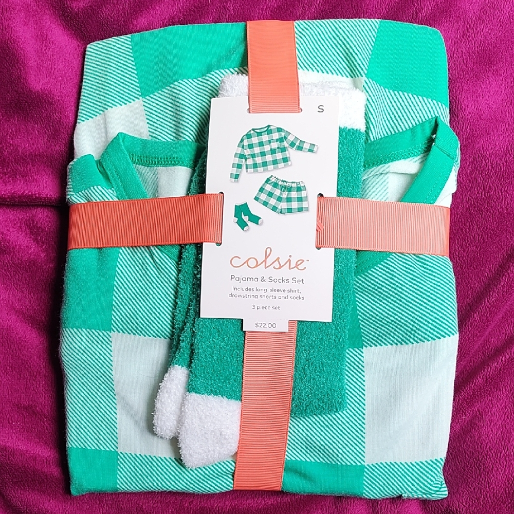 Colsie Teal Plaid Kids Pajama Set with Socks